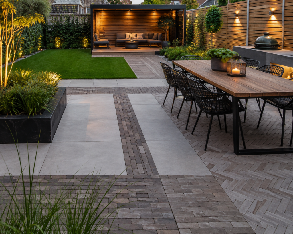 tuin bestrating met keramische tegels en hout tussenwoning