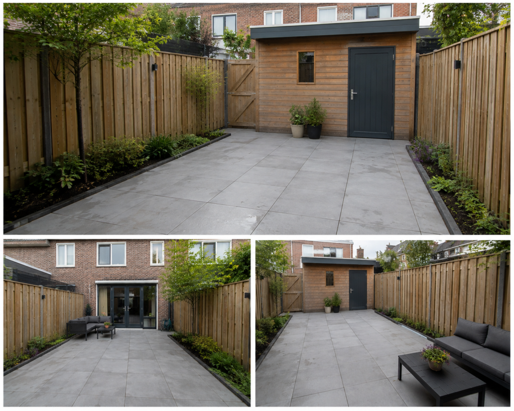 tuin woonhuis bestraat met simpele tegels prroject haarlem